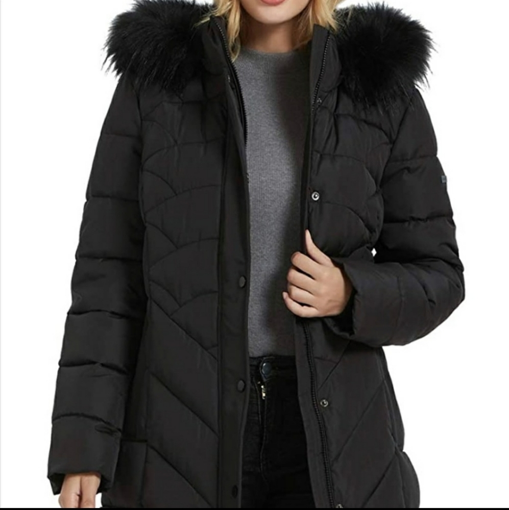 NWT BINACL Winter Parka Puffer Faux Fur Hooded Coat Jacket Warm Black Small